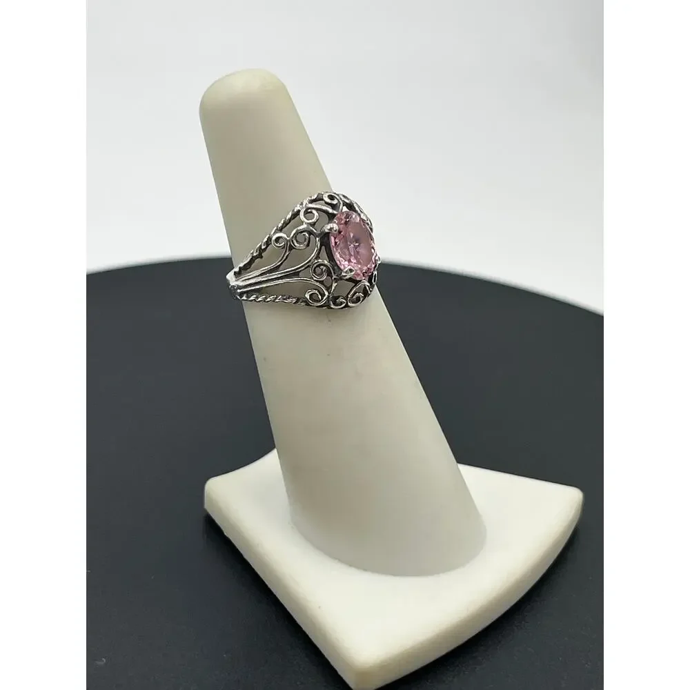 Sterling Silver Vintage Filigree Simulated Pink Sapphire‎ Solitaire Ring 5.25